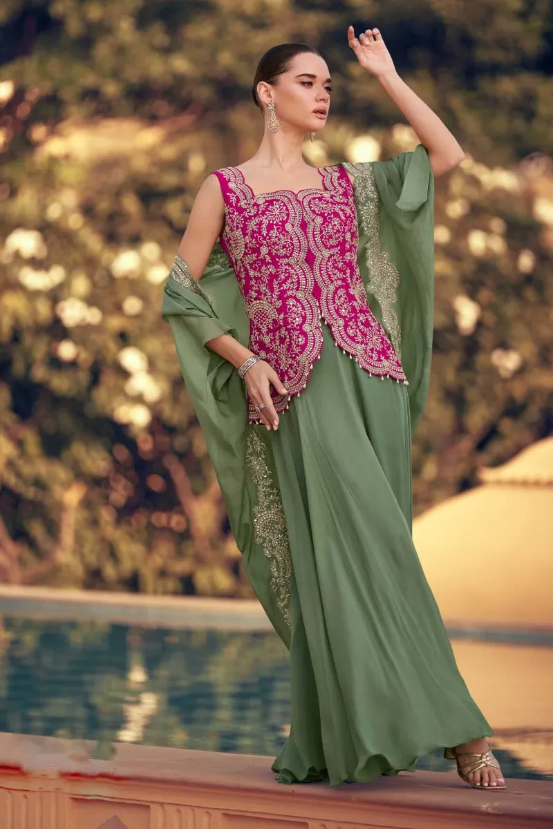 Rani Pink & Sea Green Palazzo Set with Jacket