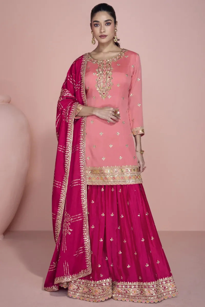 Peach Premium Chinon Silk Embroidered Sharara Suit