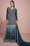 Blue Premium Chinon Silk Embroidered Sharara Suit