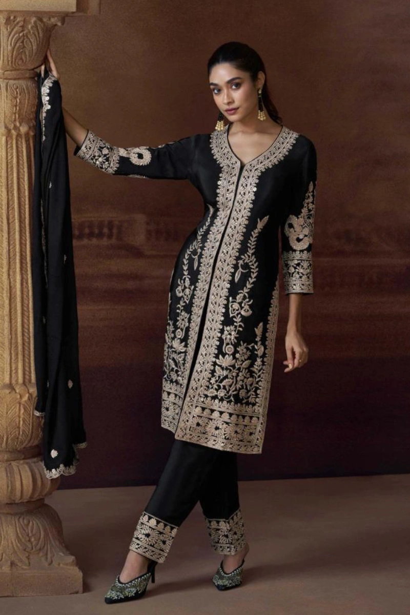 Black Chinon Silk Thread Embroidered Straight Pant Suit