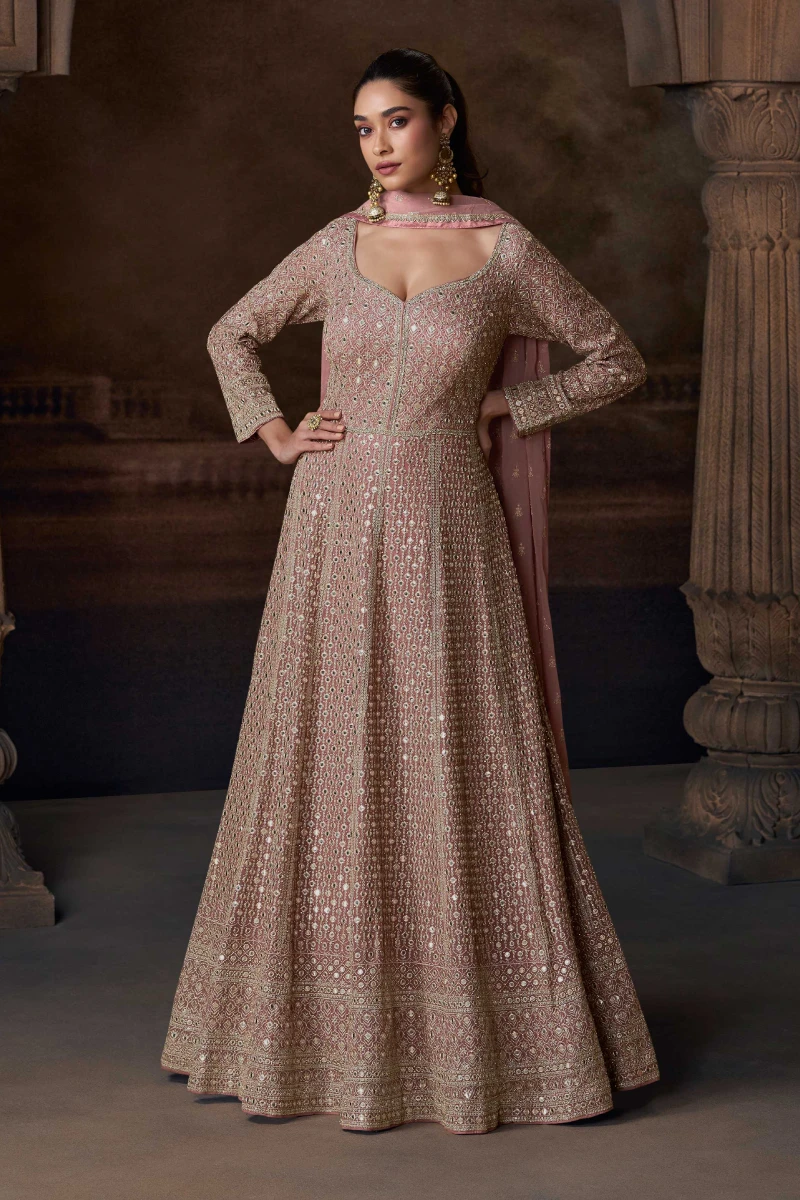 Mauve Chinon Silk Gown with Zari Embroidery & Sequins