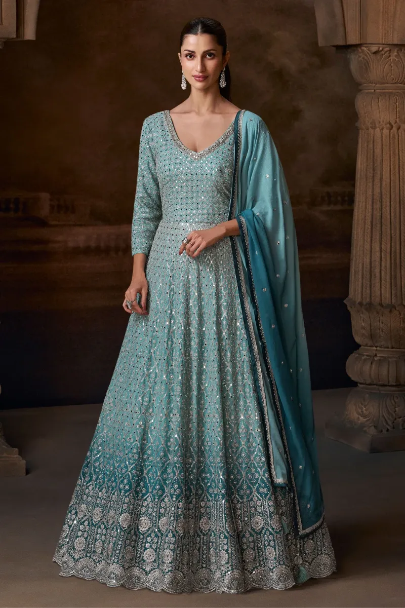 Blue Chinon Silk Gown with Zari & Gota Work