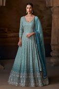 Blue Chinon Silk Gown with Zari & Gota Work