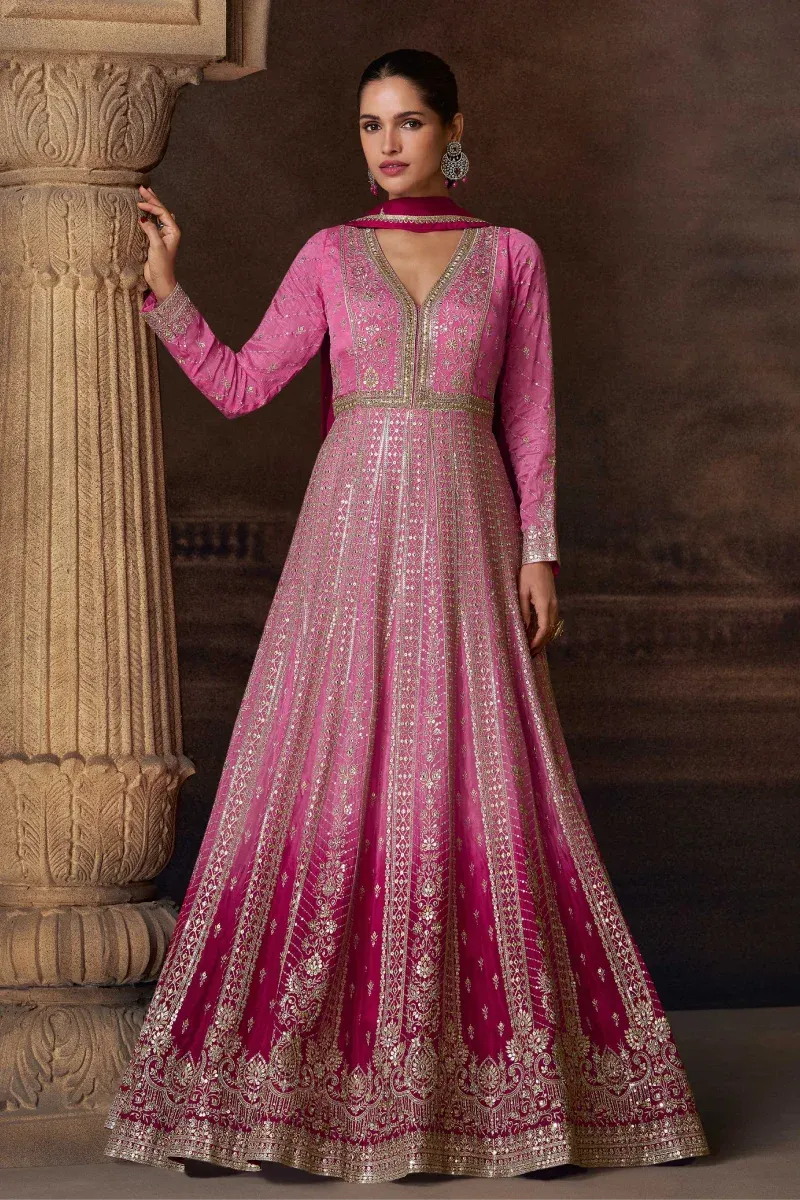 Pink Chinon Silk Gown with Embroidery & Sequins