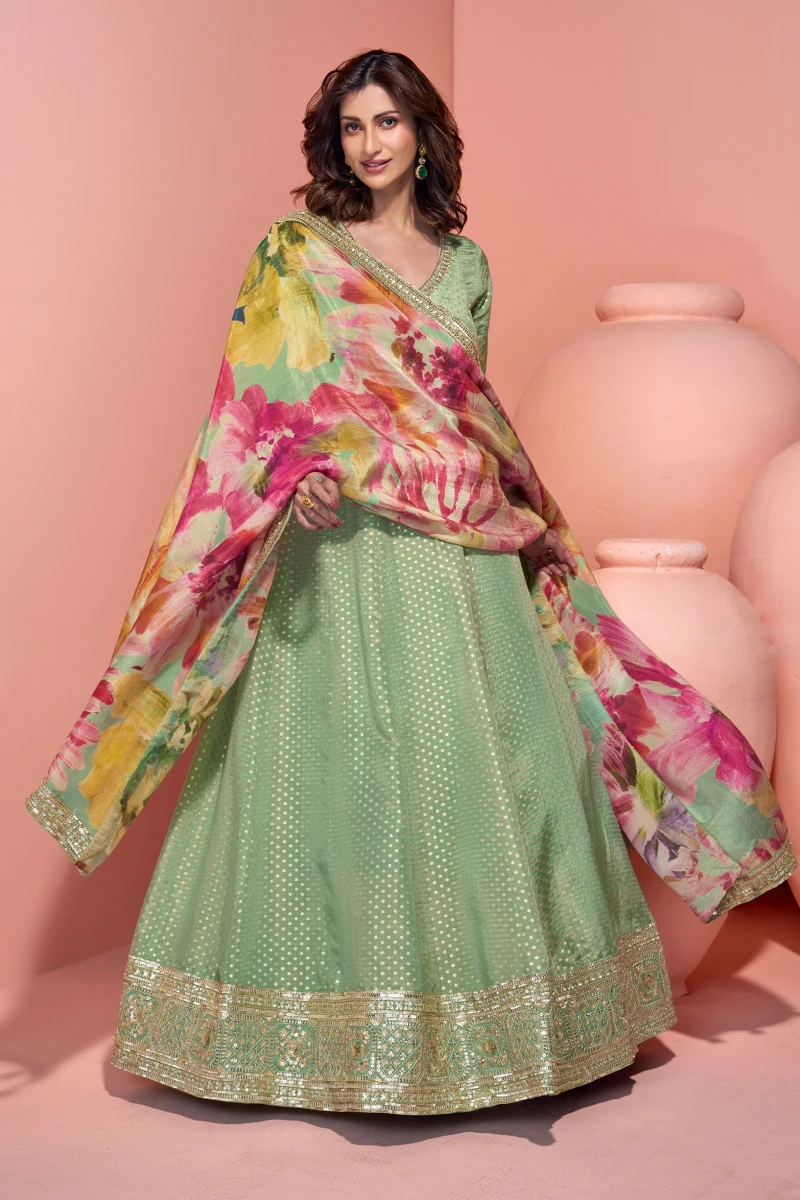Pista Green Jacquard Silk Gown with Embroidery, Sequins & Printed Dupatta