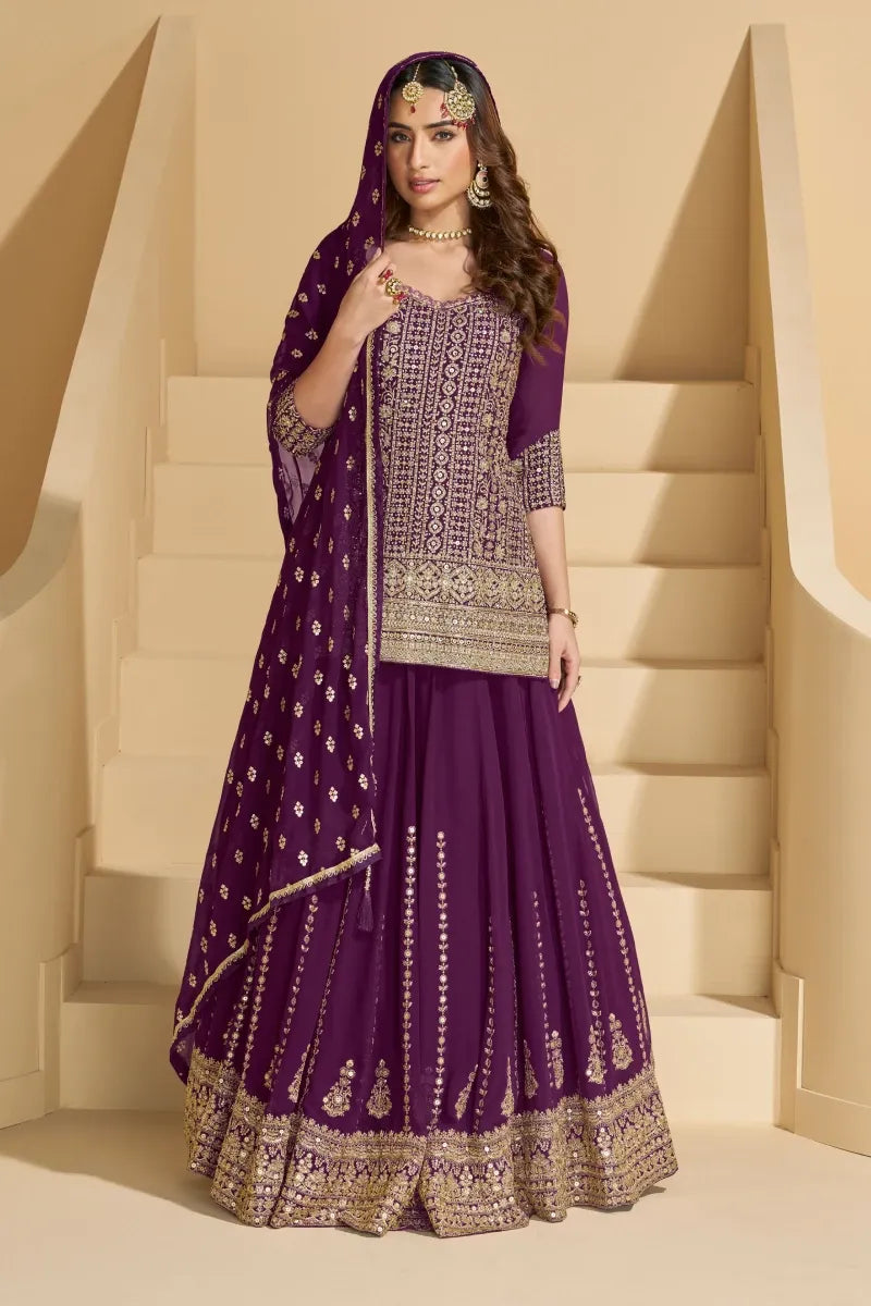 Purple Georgette Embroidered Lehenga Set