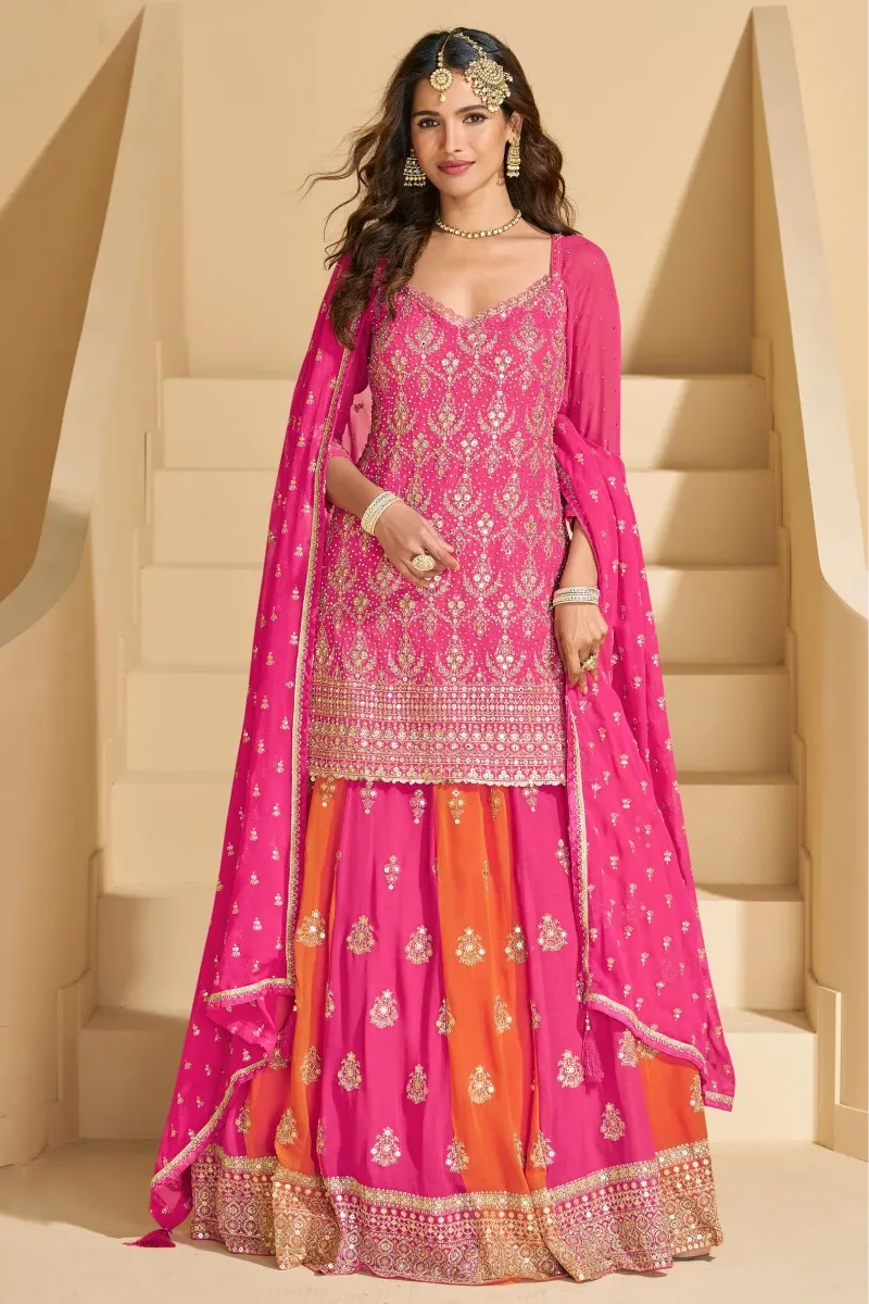 Pink & Orange Georgette Embroidered Lehenga Set