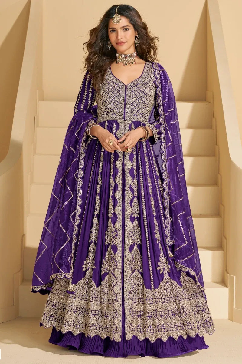 Purple Chinnon Silk Front Cut Anarkali Suit with Lehenga & Dupatta