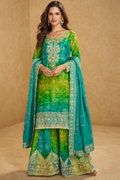 Green Tie-Dye Chinon Silk Embroidered Palazzo Suit with Dupatta