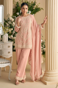 Light Pink Embroidered Georgette Straight Kurti Set with Pant and Dupatta