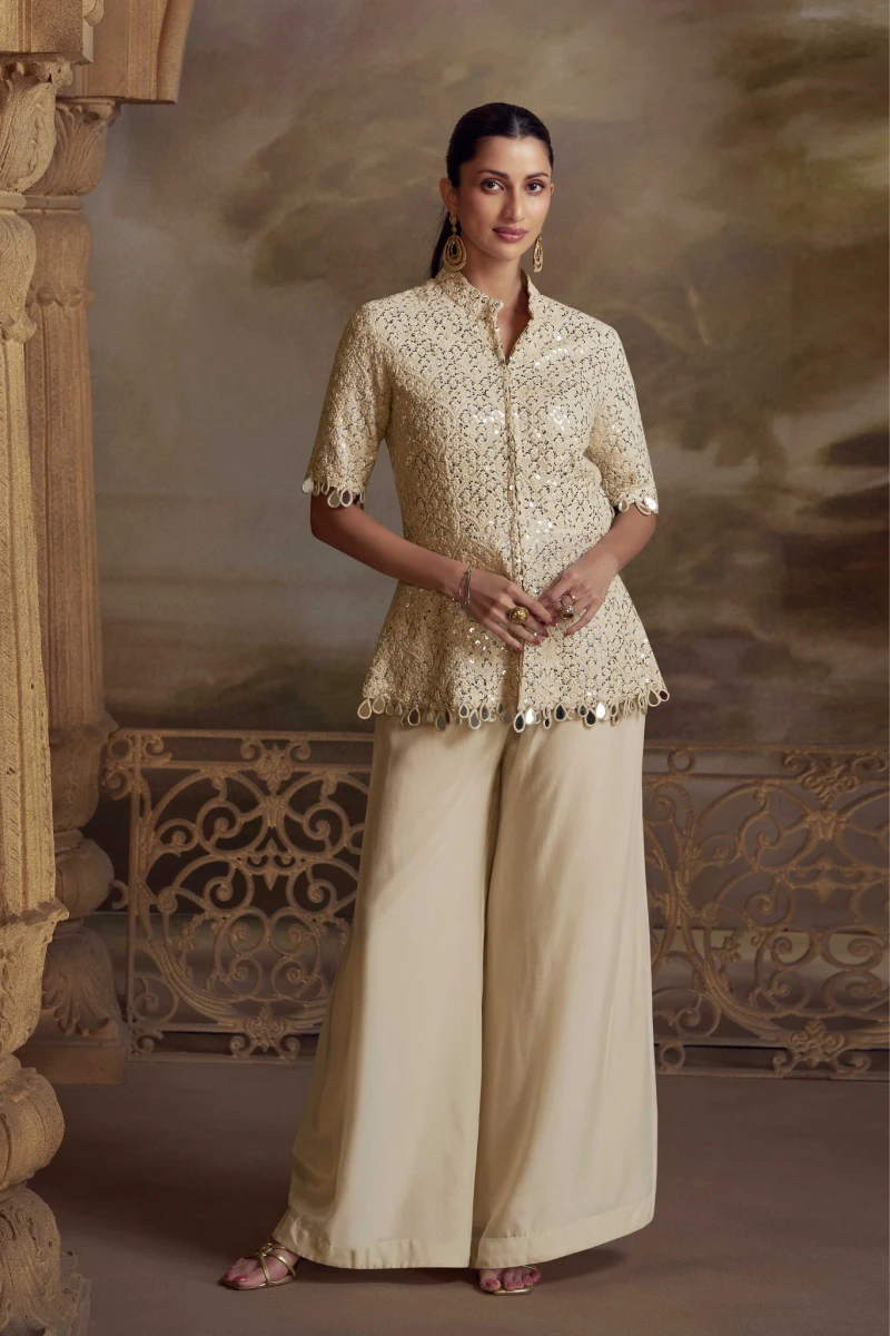 Cream Viscos Embroidered Straight Kurta with Palazzo
