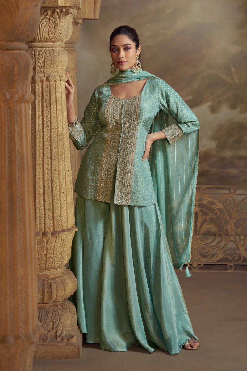 Sea Green Viscos Embroidered Straight Kurta Set with Palazzo and Tassel Dupatta