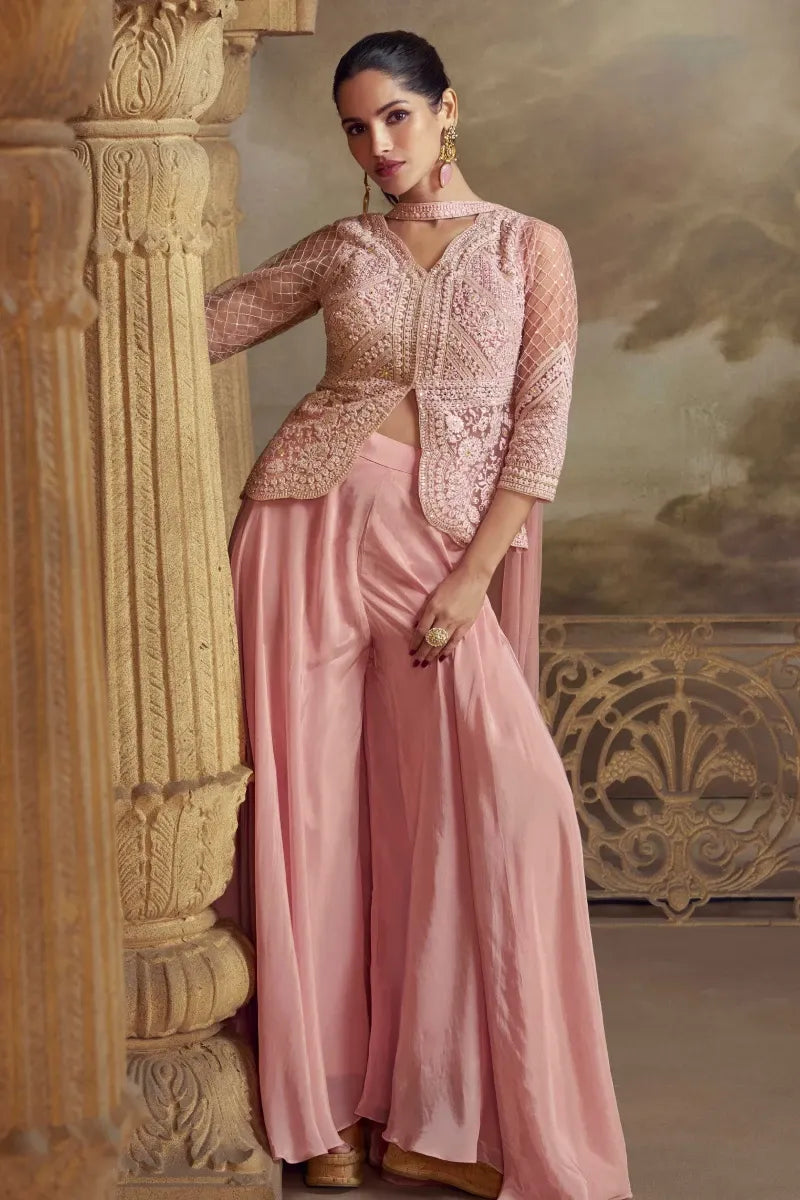 Rose Pink Viscos Embroidered Straight Kurta Set with Palazzo and Tassel Dupatta