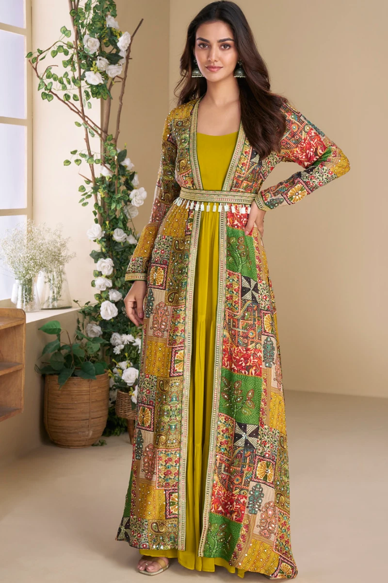 Yellow Georgette Gown with Multi-Colored Embroidered Jacket