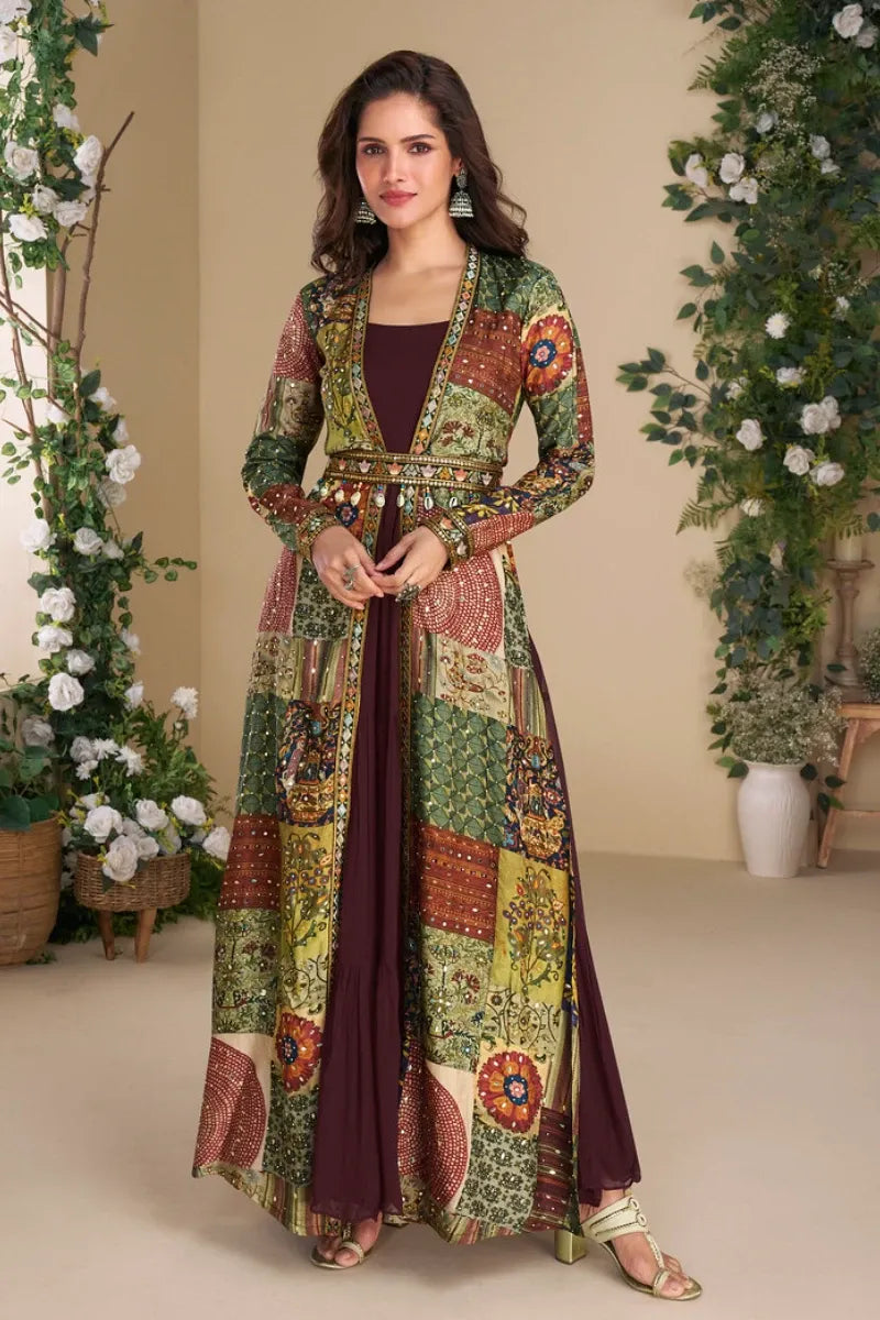 Maroon Georgette Gown with Multi-Colored Embroidered Jacket