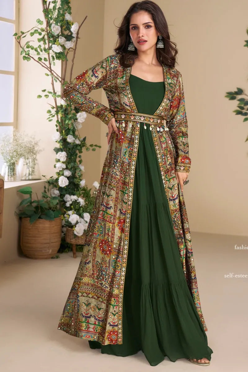 Green Georgette Gown with Multi-Colored Embroidered Jacket