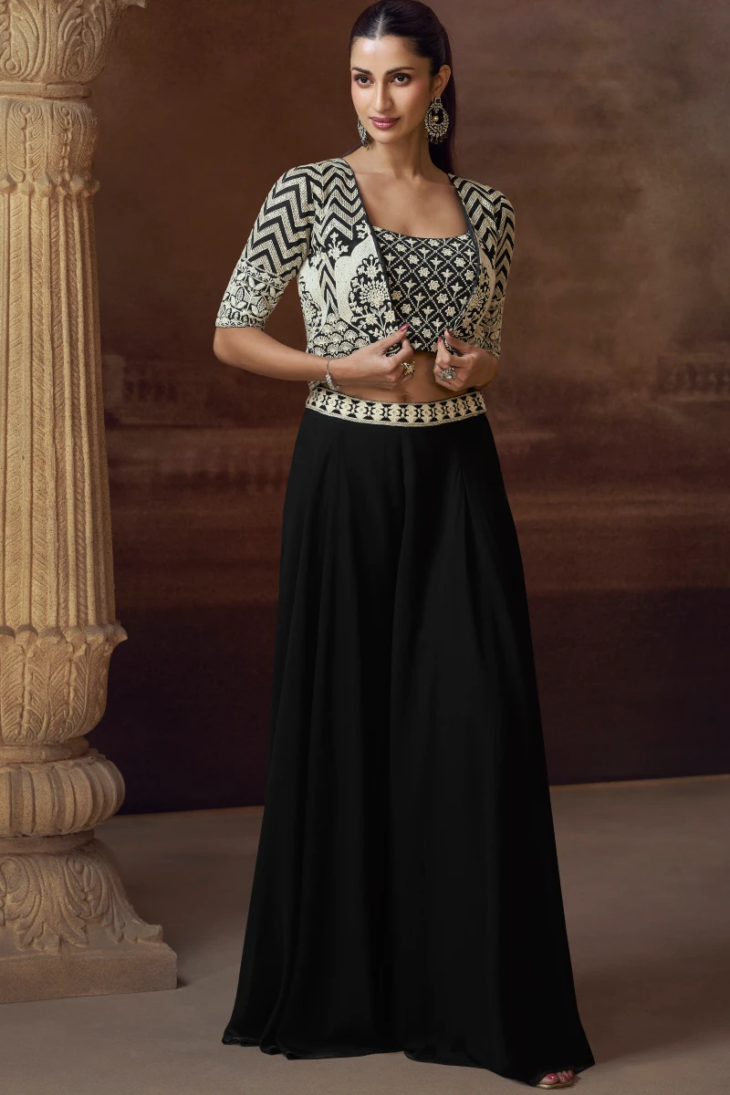 Black Georgette Embroidered Jacket Style Palazzo Suit