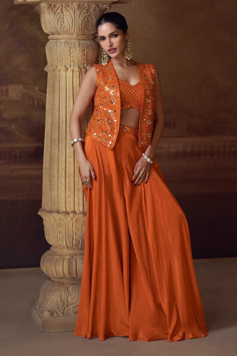 Orange Chinon Silk Palazzo Suit with Embroidered Jacket