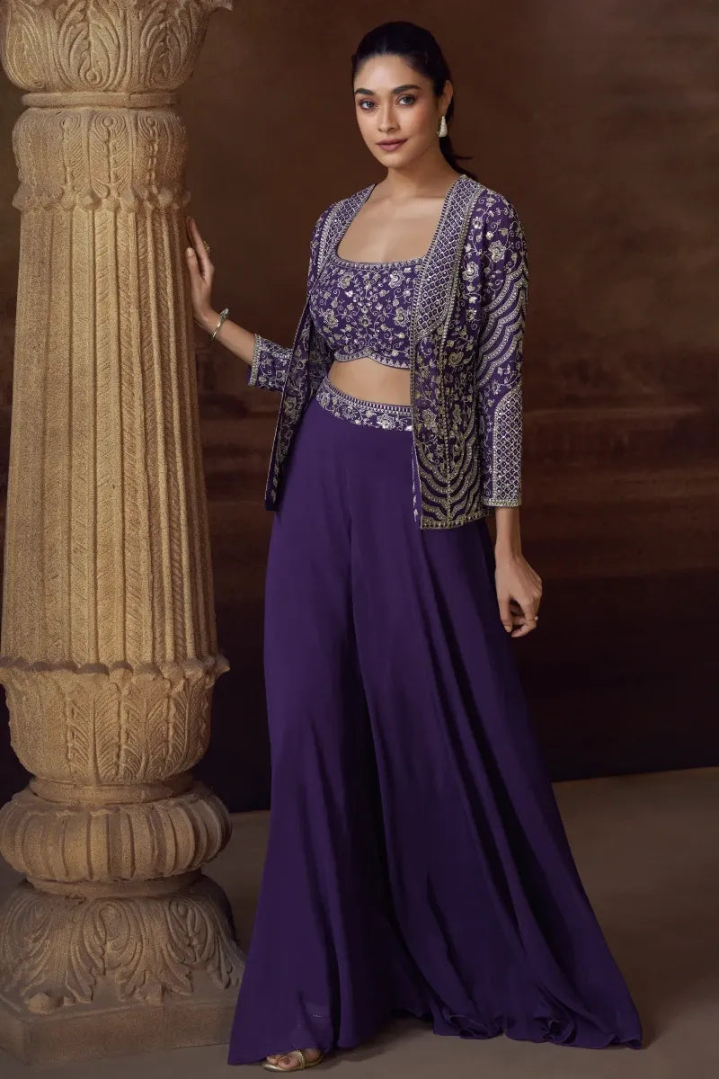 Purple Chinon Silk Palazzo Suit with Embroidered Jacket