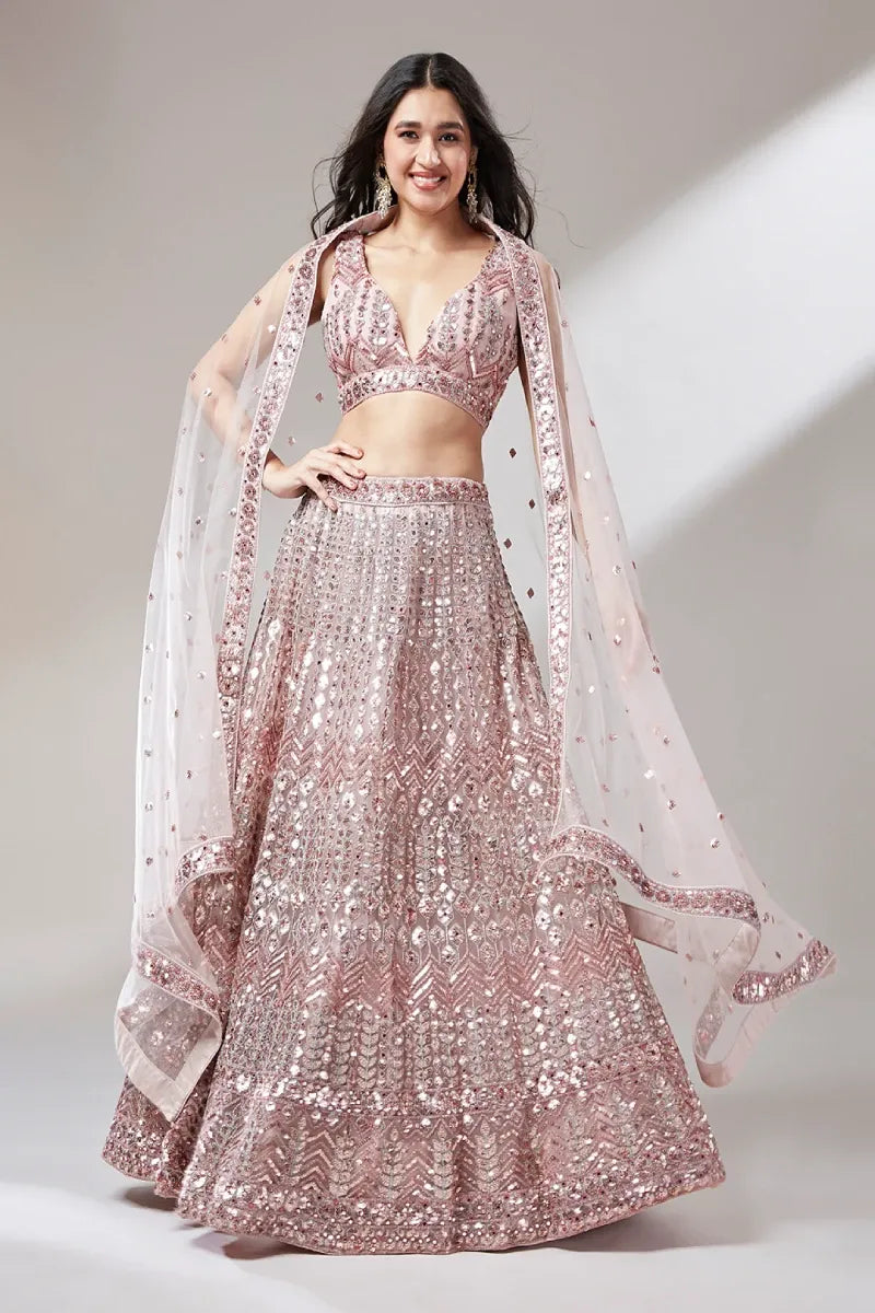 Rose Gold Net Mirror & Sequin Embroidery Lehenga Choli & Dupatta