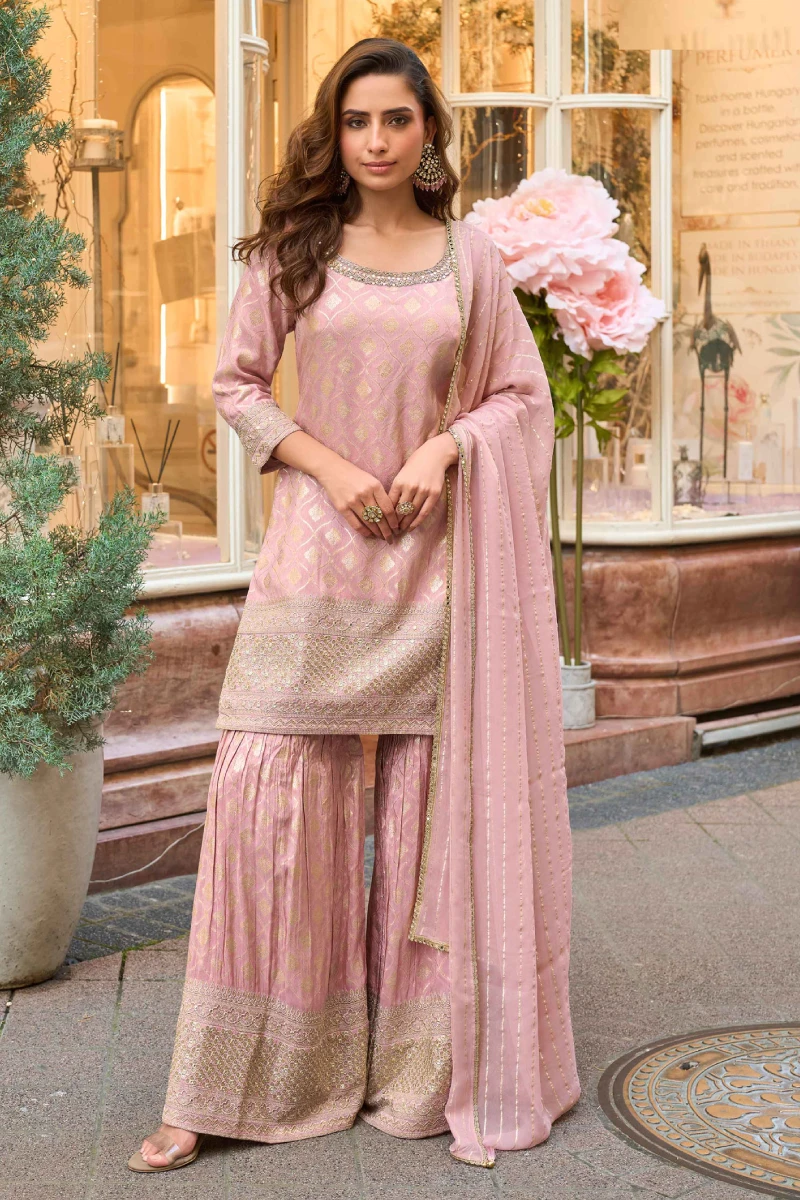 Pink Viscose Gharara Suit with Zari & Sequins Work