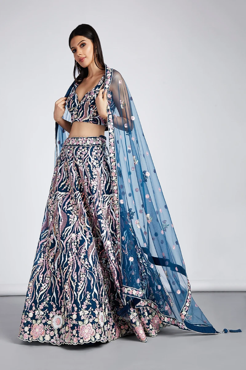 Navy Blue Net Sequins and Thread Embroidery Lehenga Choli & Dupatta