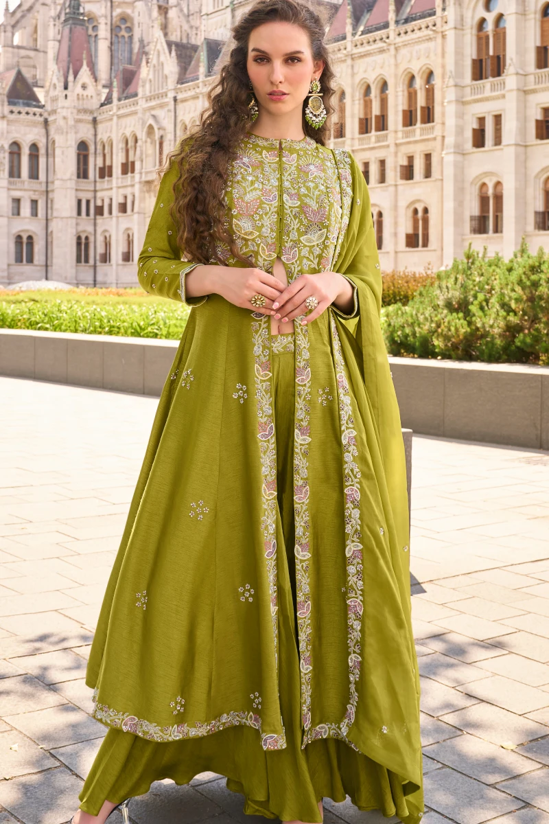 Mehendi Green Real Silk Embroidered Palazzo Suit with Dupatta