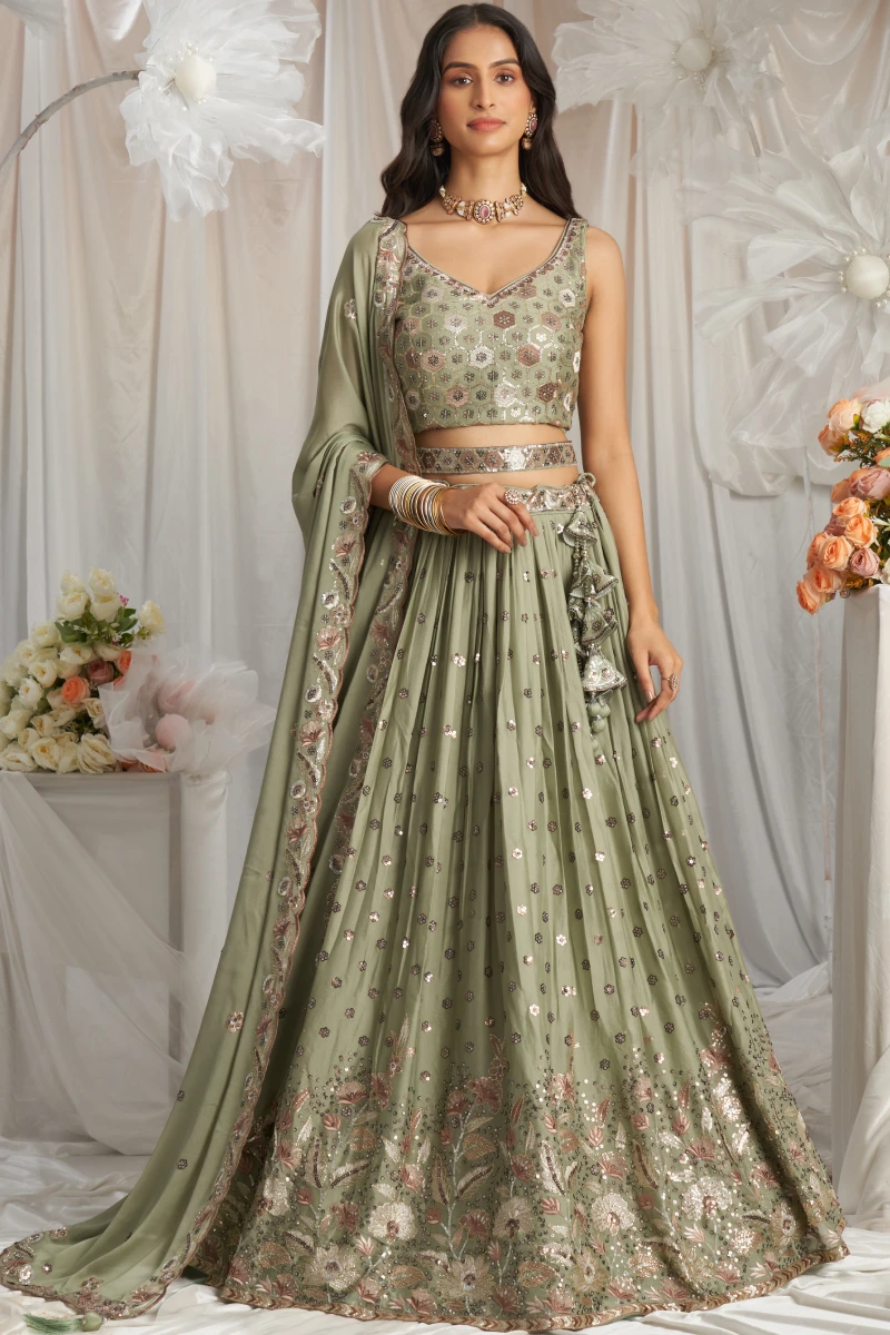Lime Green Georgette Sequin Embroidery Lehenga Choli & Dupatta