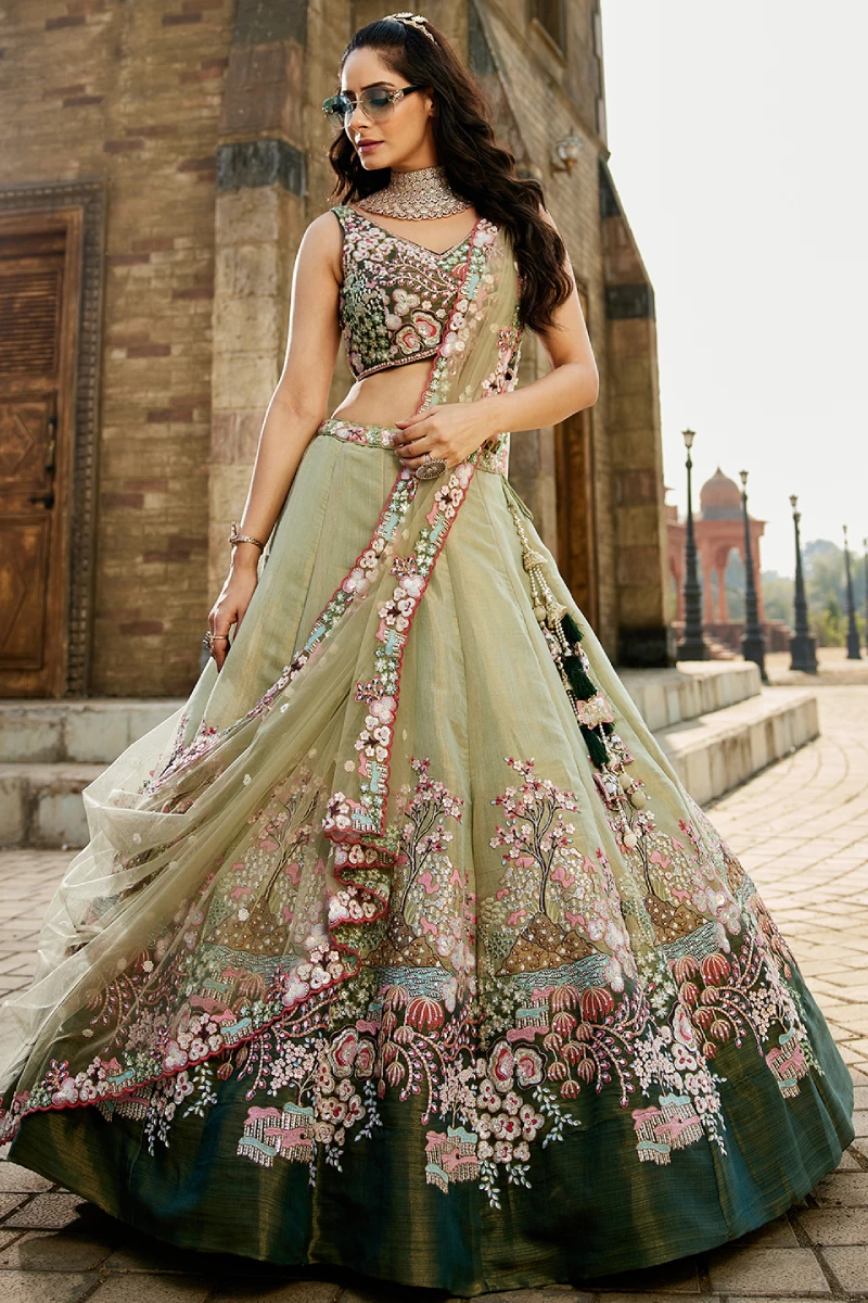 Green Bridal Net Sequins Embroidered Lehenga Choli with Dupatta