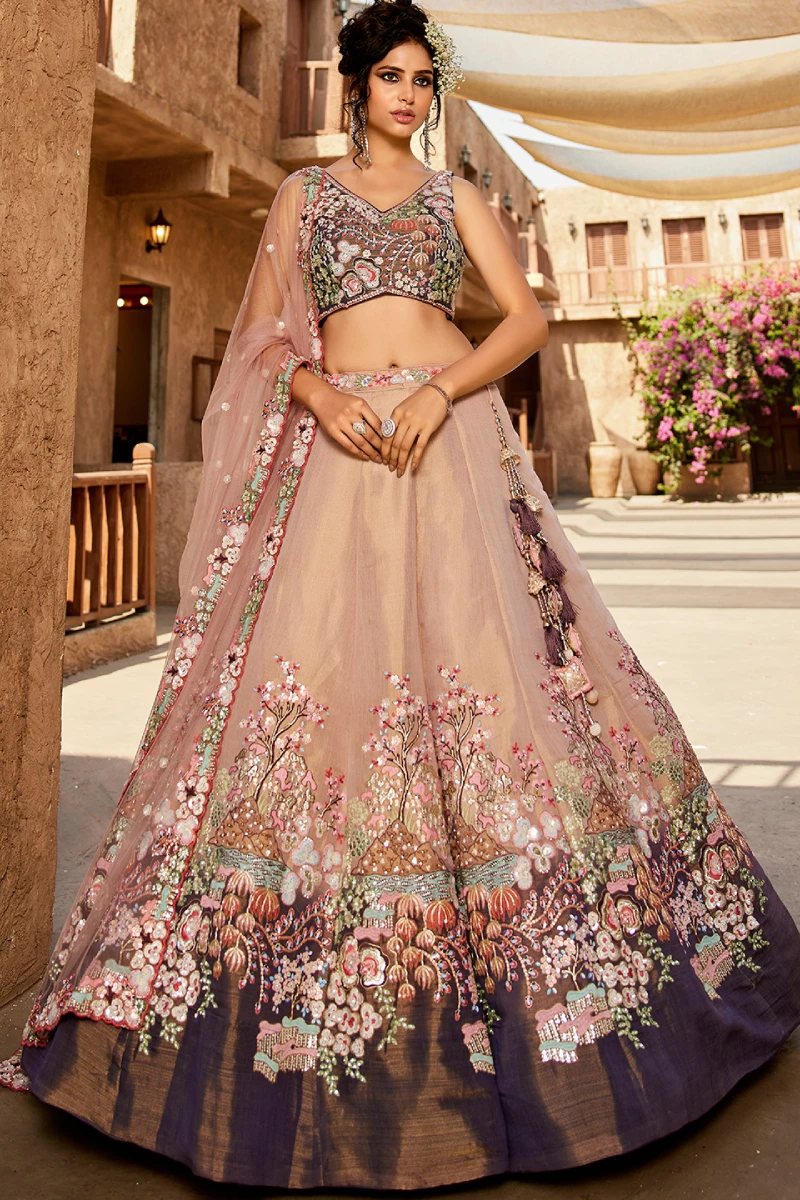 Purple Bridal Net Sequins Embroidered Lehenga Choli with Dupatta