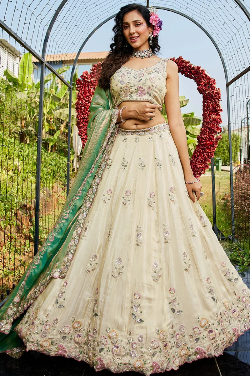 Cream Tissue Fabric Sequins Embroidered Lehenga Choli with Dupatta