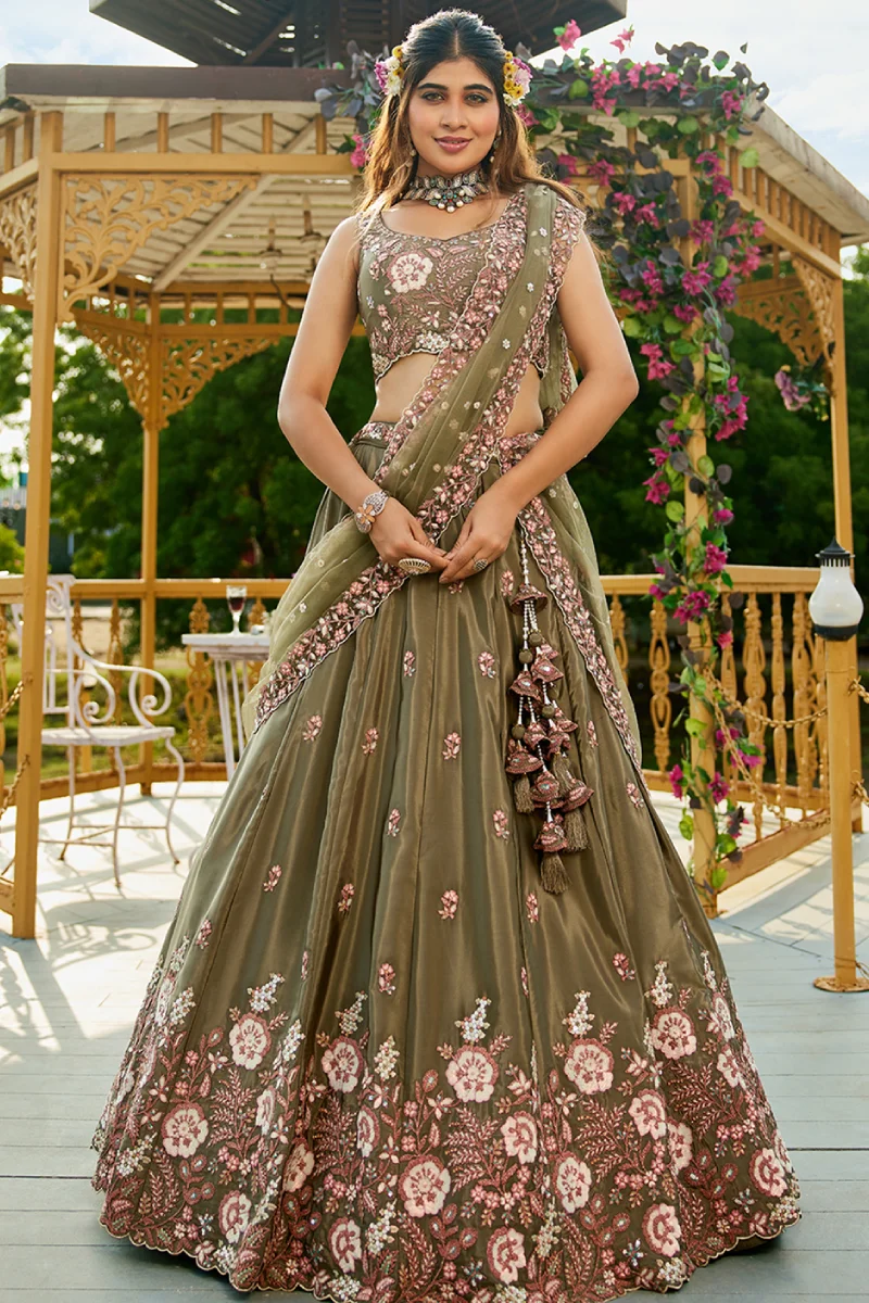 Olive Satin Sequins Embroidered Lehenga Choli with Dupatta