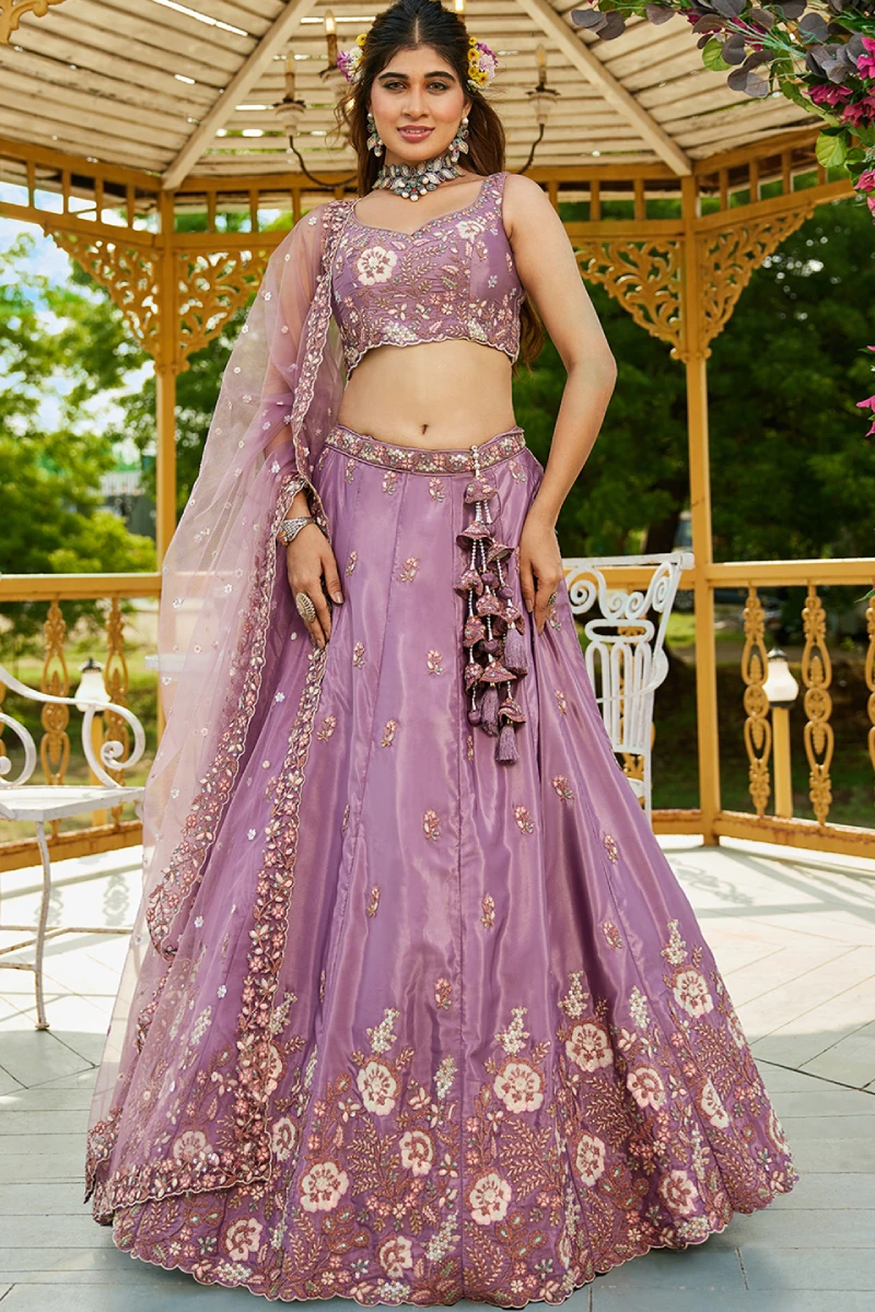 Rose Gold Satin Sequins Embroidered Lehenga Choli with Dupatta