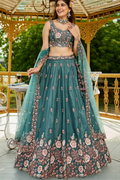 Teal Satin Sequins Embroidered Lehenga Choli with Dupatta