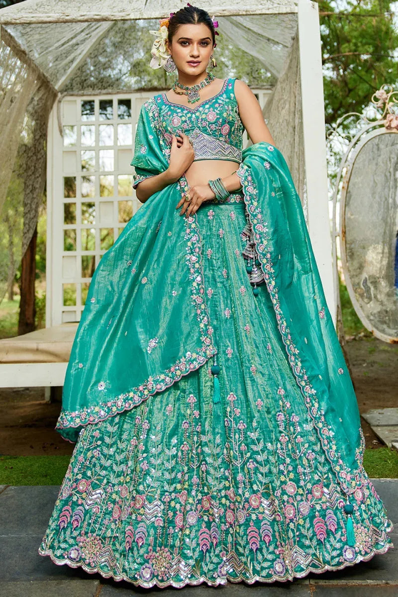 Sea Green Tissue Sequins Embroidered Lehenga Choli with Dupatta