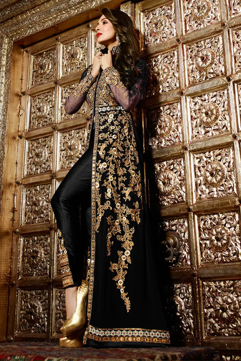 Black Chudidar Suit in Georgette with Embroidery, Zari, and Diamond Work