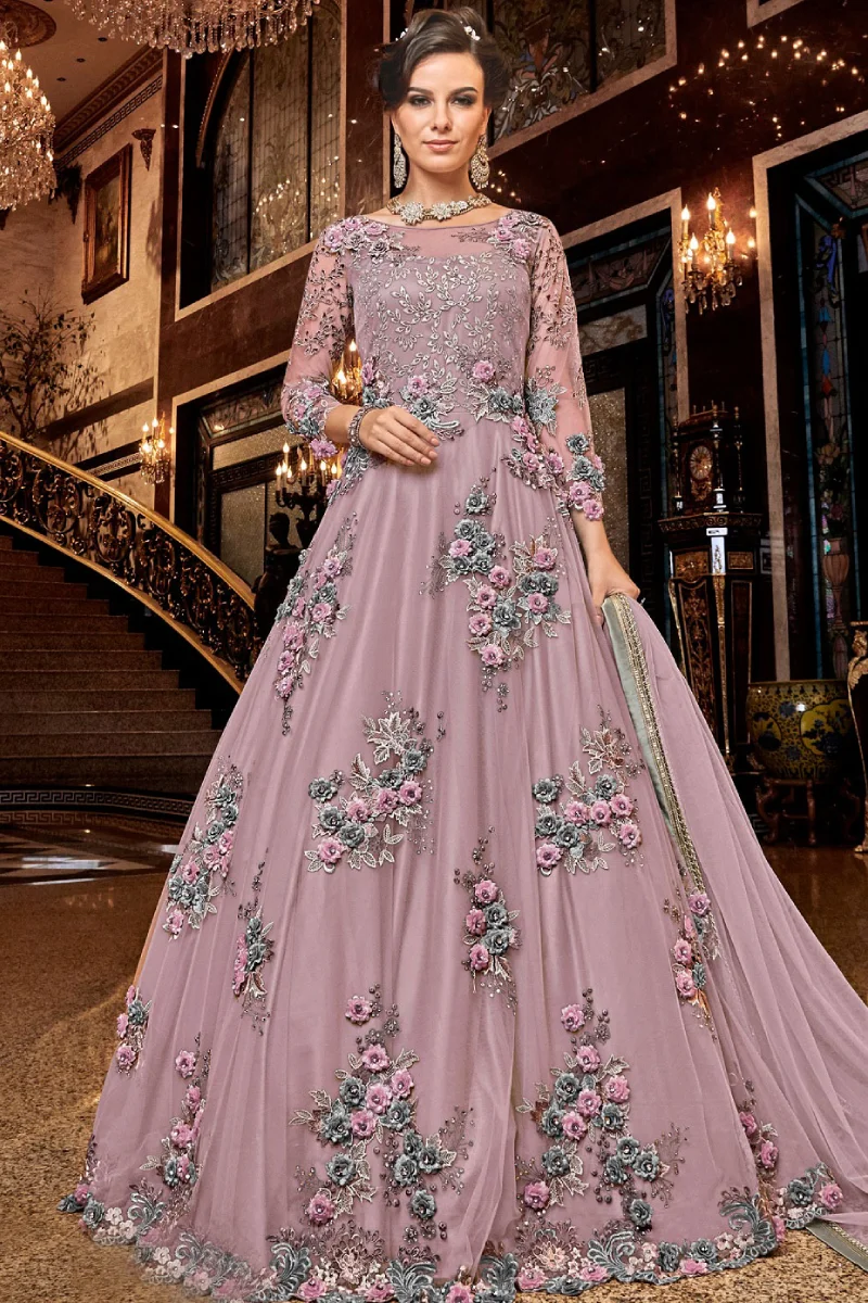 Lavender Net Churidar Anarkali Suit