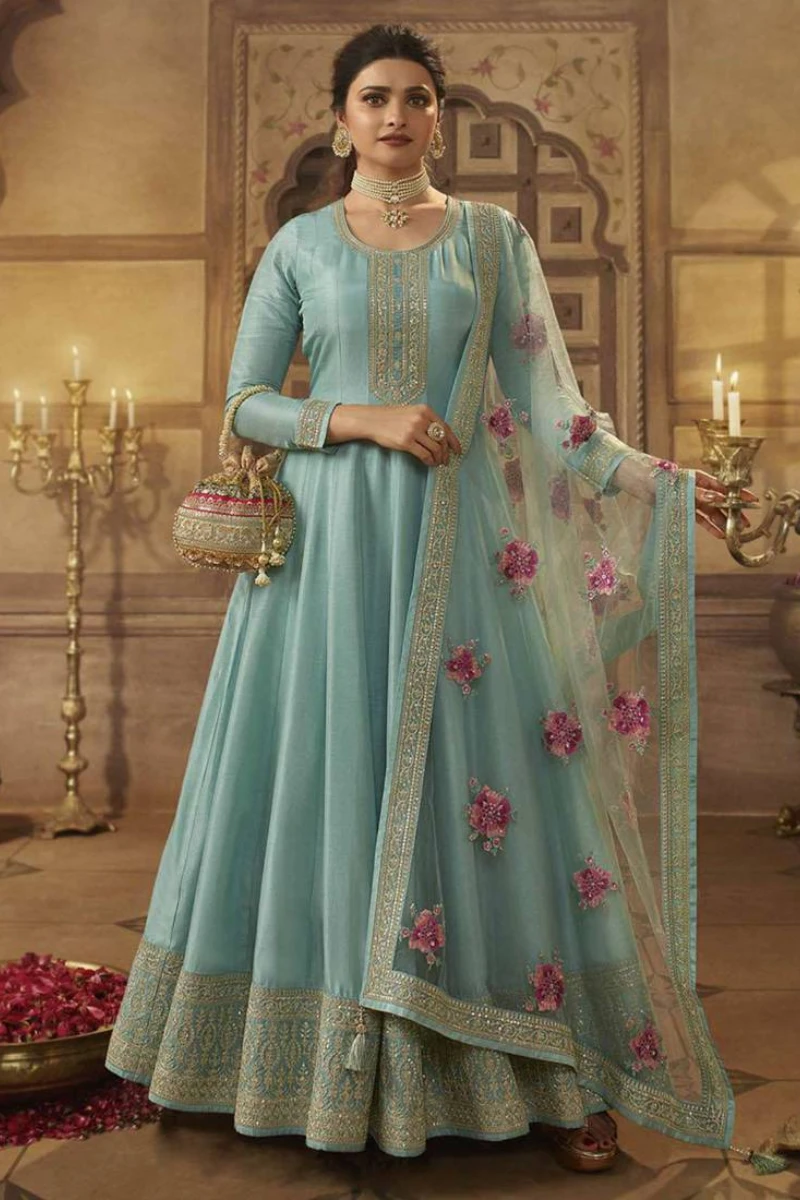 Sky Blue Dola Silk Embroidered Anarkali Suit
