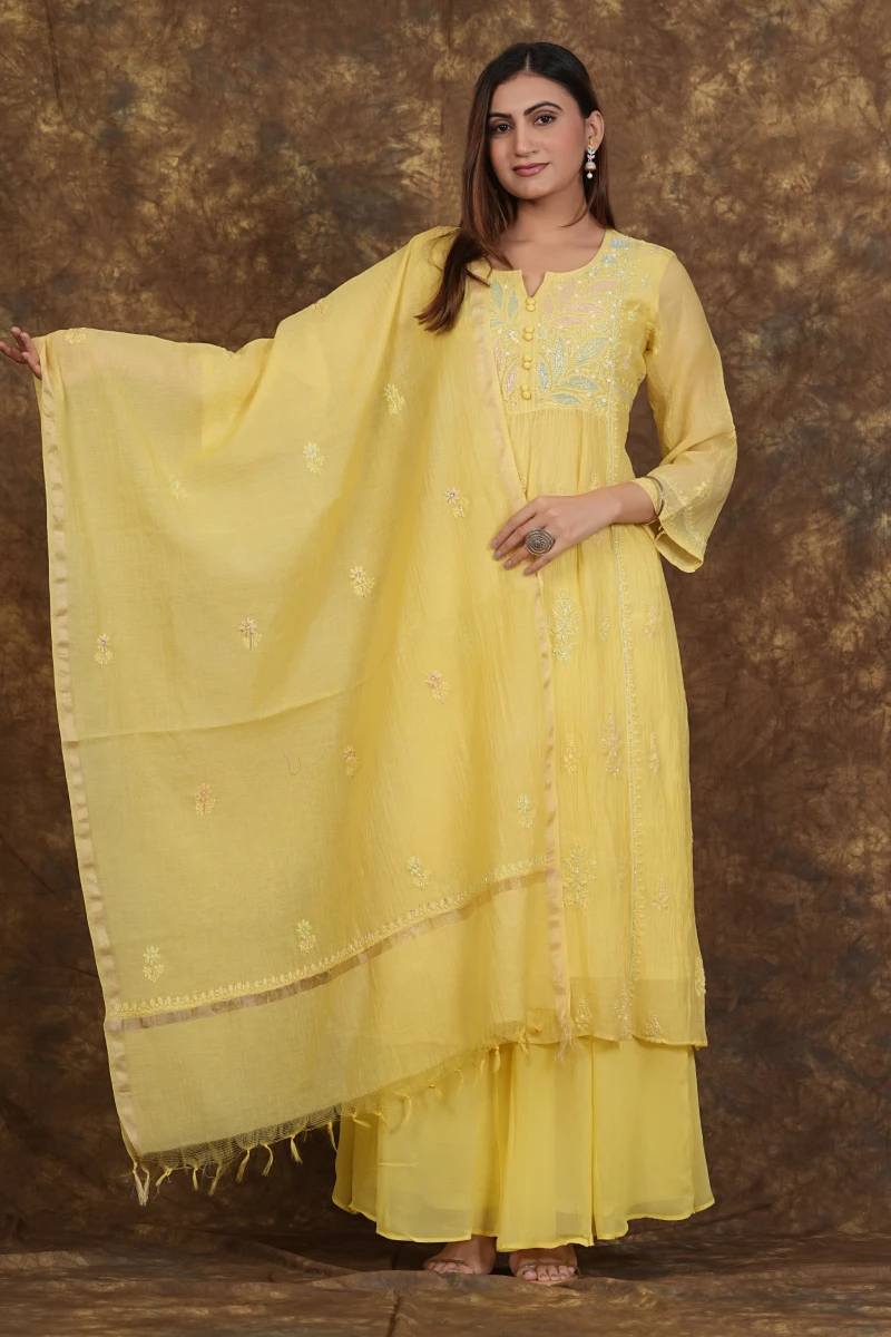 Pastel Yellow Chikankari Handwork Nayra Cut Kurta Set with Dupatta