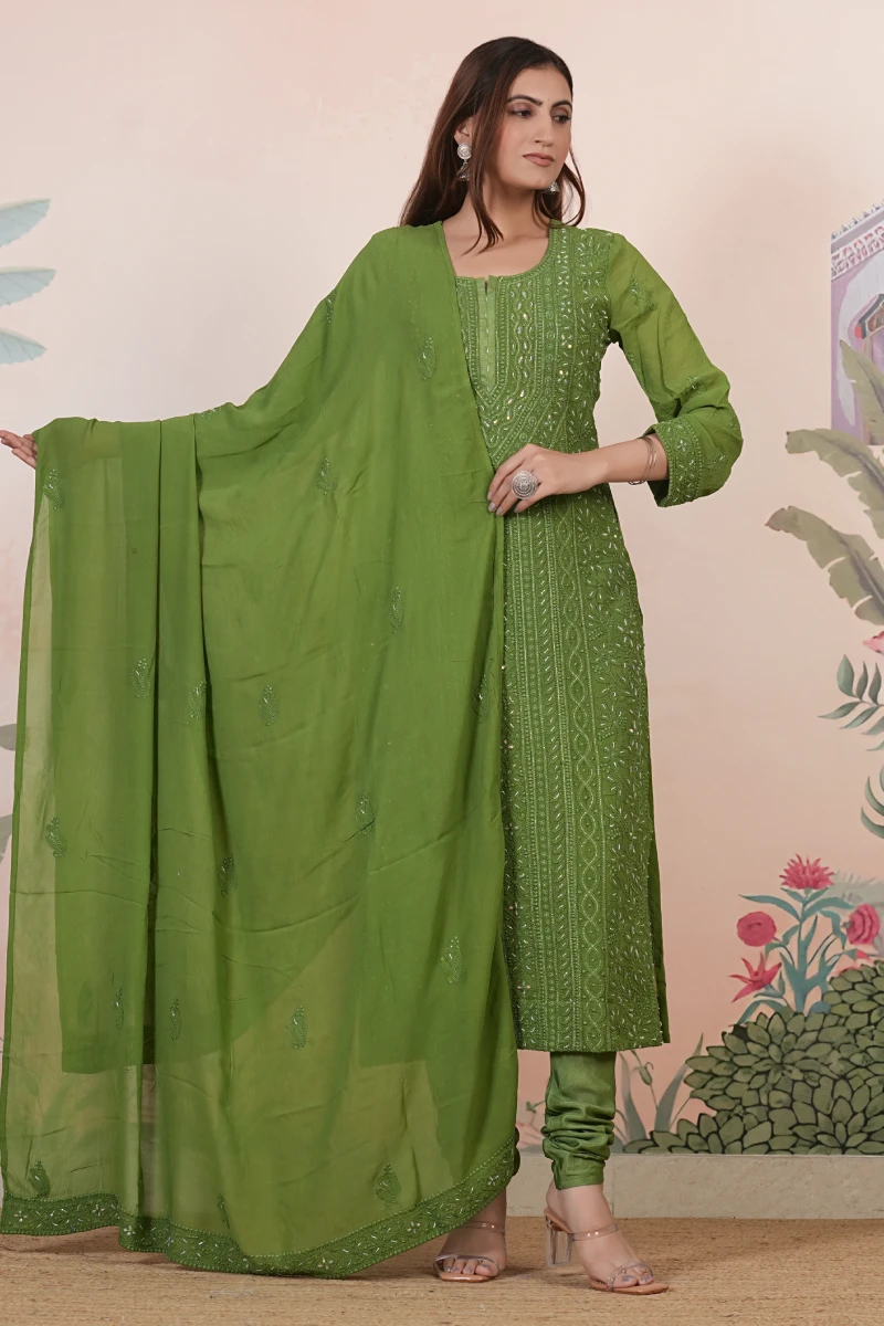 Olive Green Chikankari Handwork Straight Kurta Set with Dupatta