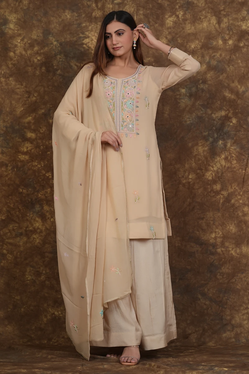 Pastel Floral Chikankari Handwork Kurta Set with Dupatta
