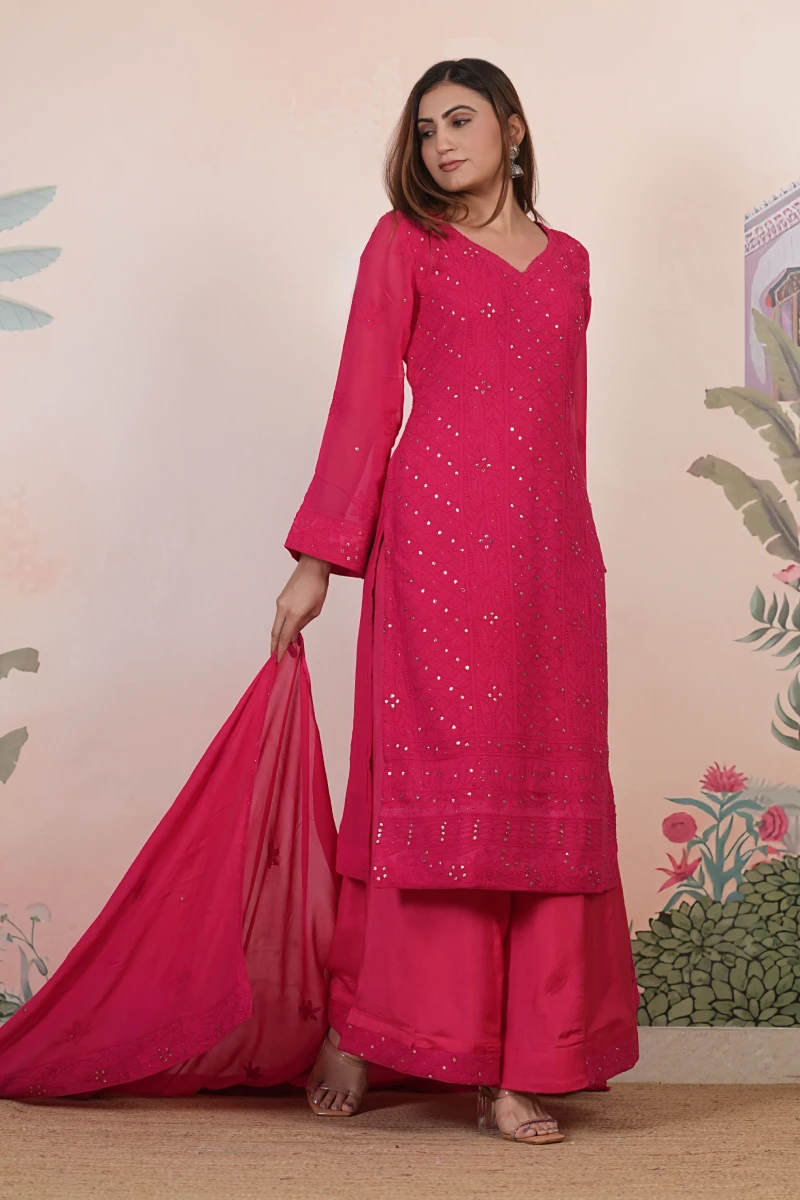Fuschia Chikankari Handwork Kurta Set with Dupatta