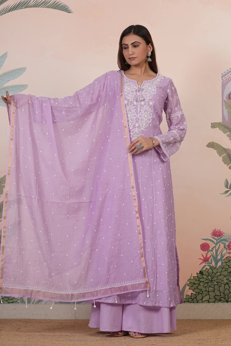 Lilac Chikankari Handwork A-Line Kurta Set with Dupatta