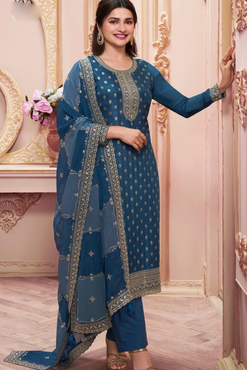 Blue Embroidered Salwar Suit in Jacquard