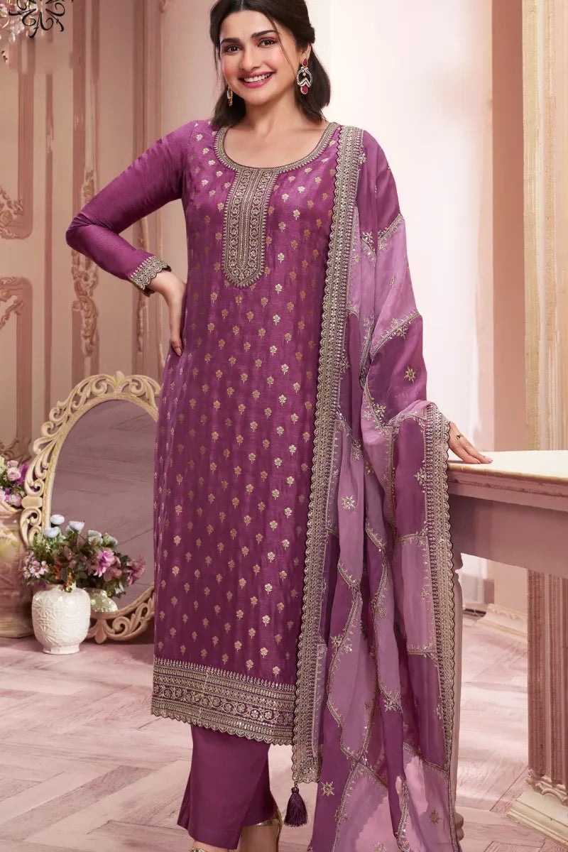 Magenta Embroidered Salwar Suit in Jacquard