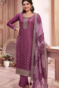 Magenta Embroidered Salwar Suit in Jacquard