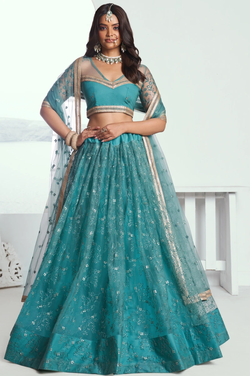 Turquoise Butterfly Net Lehenga Choli with Embroidered Thread Work