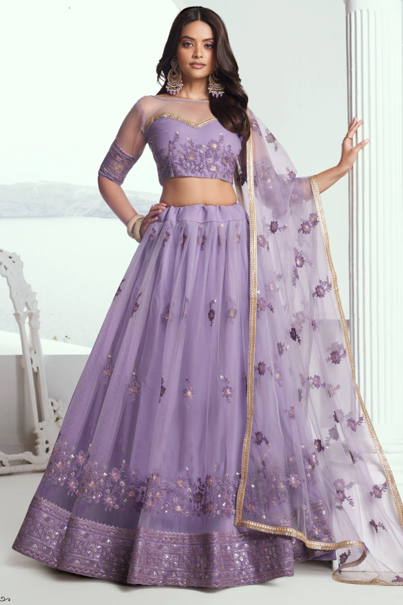 Lavender Butterfly Net Lehenga Choli with Embroidered Thread Work