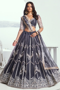 Grey Butterfly Net Lehenga Choli with Embroidered Thread Work