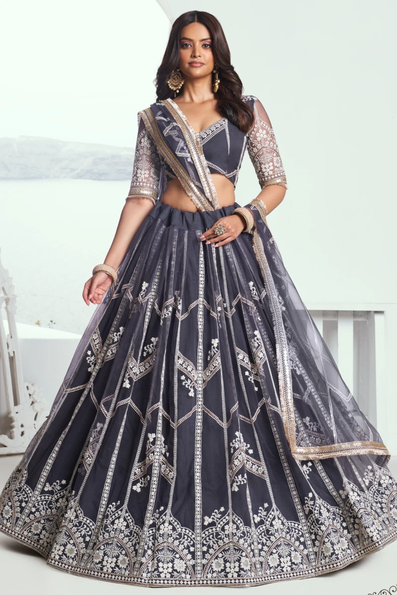 Grey Butterfly Net Lehenga Choli with Embroidered Thread Work
